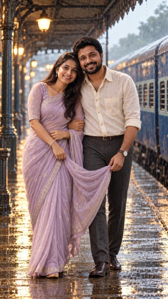 90s Chiffon Saree Poster- 5 Realistic AI Photo Editing Prompts for Indian Couples 1